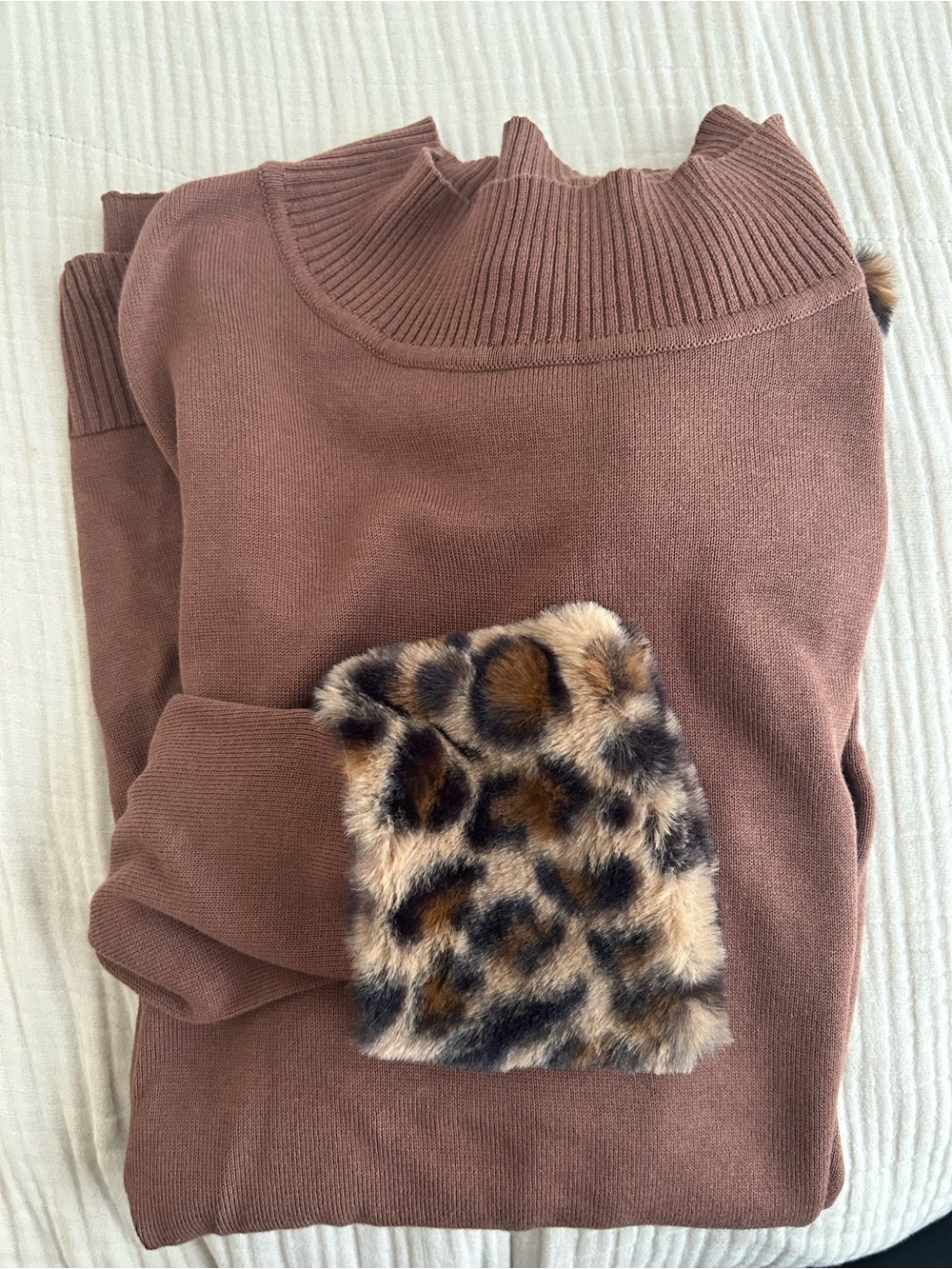 Belle by Kim Gravel Brown Sweater with Animal Print Cuffs